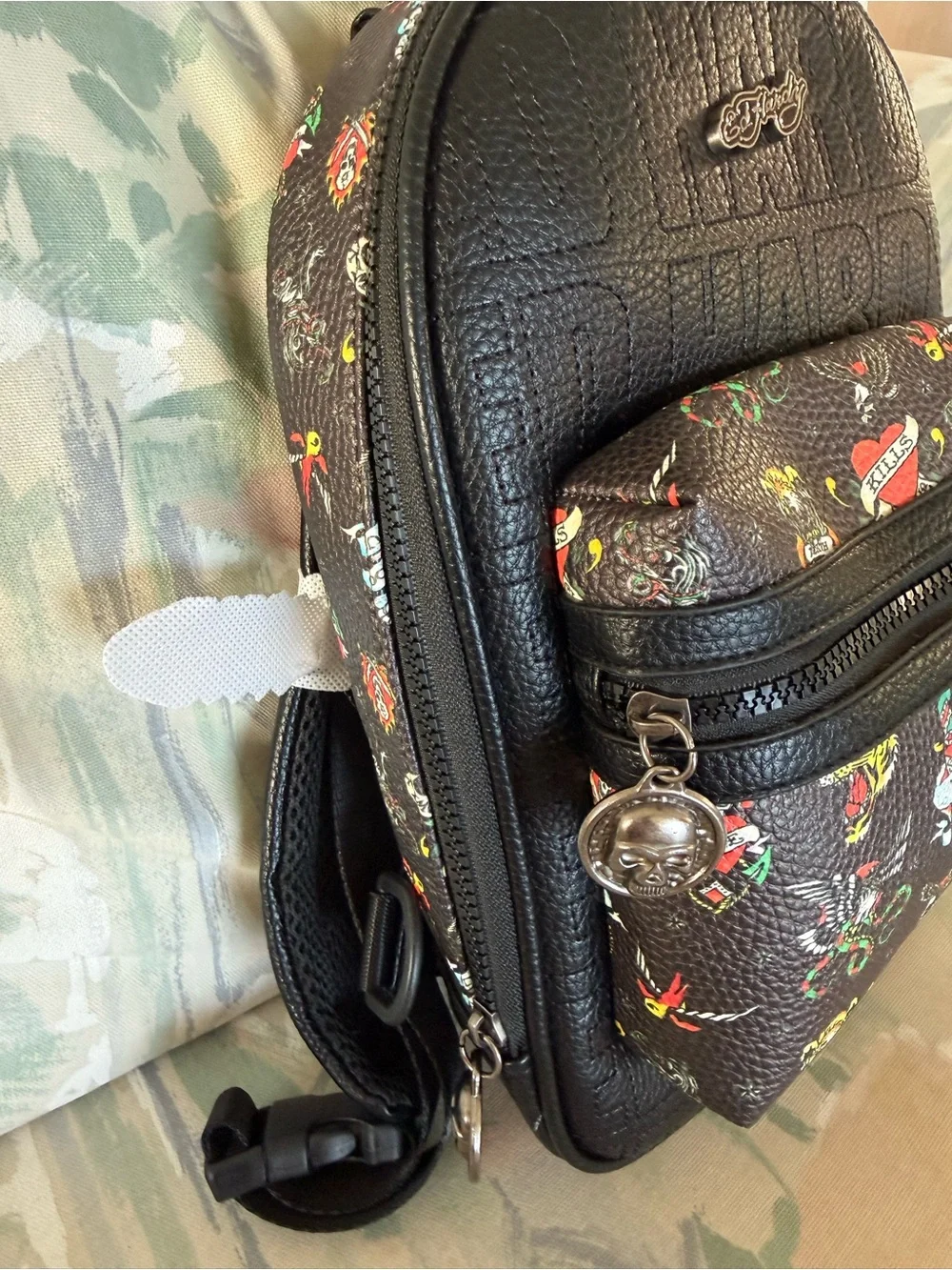 Ed Hardy Black Multi Tattoo Print Mini Backpack Sling Crossbody Bag NWT